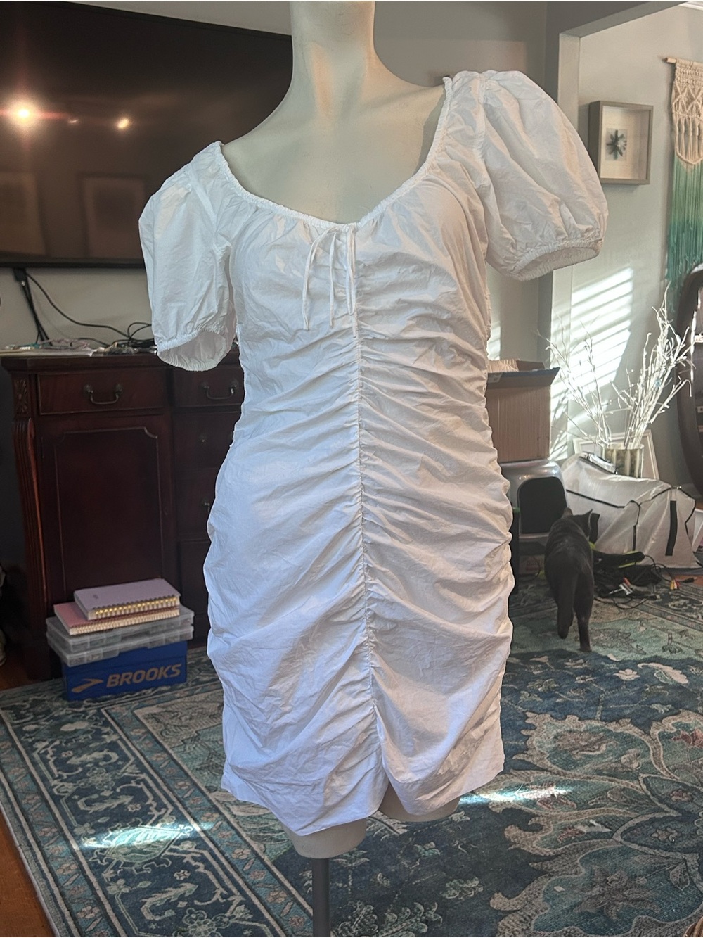 Ganni White Ruched Puff-Sleeve Mini Dress